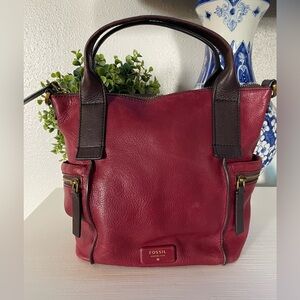 Fossil Emerson Leather Satchel Double Handle Bag Purse Burgundy Maroon